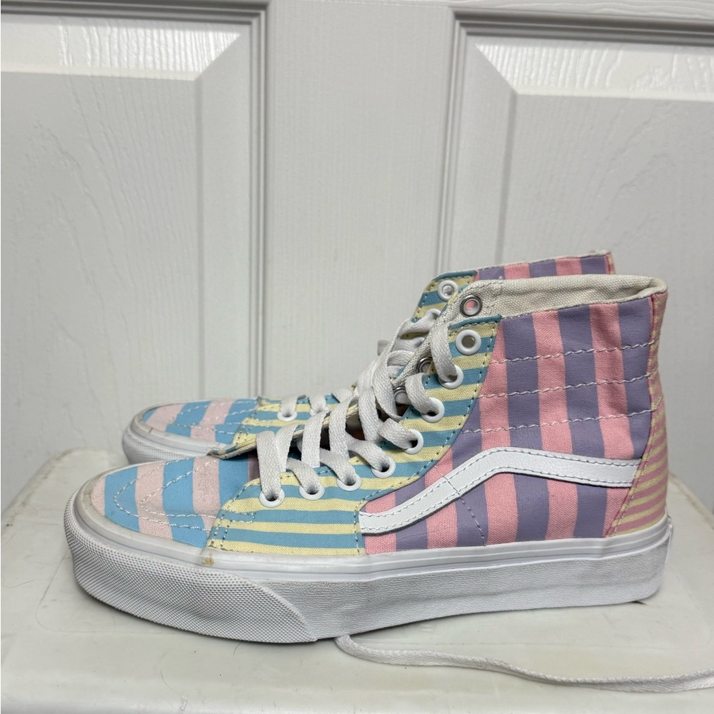 Vans High Top Striped Pastel Sneakers in Pink, Blue, Yellow, Purple
